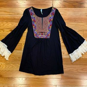 Colorful Placket Boho Fringed Bell Sleeve Mini Dress - Size XS